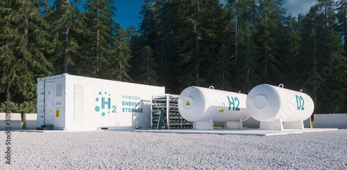 Fotografía Environmentally friendly solution of renewable energy storage - hydrogen gas to clean electricity facility situated in forest environment