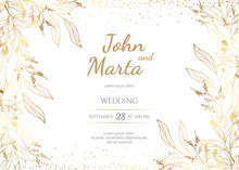 Wedding Invitation With Gold Flowers. Background With Geometric Golden Frame. Cover Design With An Ornament Of Golden Leaves.Trendy Templates For Banner, Flyer, Poster, Greeting. Eps8