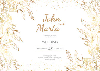 Wedding Invitation with Gold Flowers. background with geometric golden frame. Cover design with an ornament of golden leaves.Trendy templates for banner, flyer, poster, greeting. eps8
