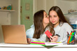 © Natalia - Two teen girls surf the Internet on their laptop, look for products of interest to them and make purchases with a credit card. Teenagers' concept of navigation, research and shopping