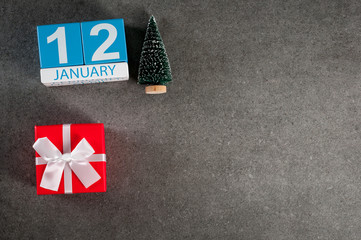 Sticker - January 12th. Image 12 day of January month, calendar with x-mas gift and christmas tree. New year background with empty space for text, mockup