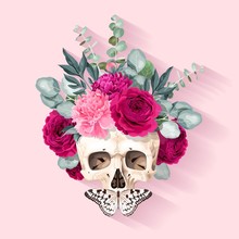 Vector Illustration With Human Skull And Flowers