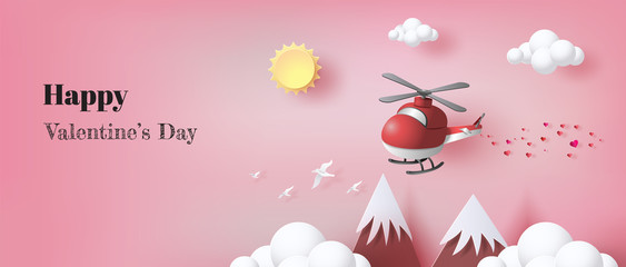 Paper art style of red helicopter flying in the air with many hearts floating, for posters, brochure, invitation, banners, flat-style vector illustration.