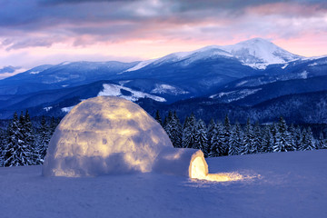 Wall Mural - real snow igloo house in the winter mountains. snow-covered firs and mountain peaks on the backgroun