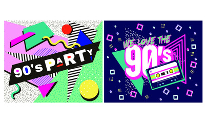 Wall Mural - Retro party poster. Music of the nineties, vintage cassette tape and 90s style. invitation card dancing party time advertisement poster background illustration, Vector illustration in trendy 80-90s st