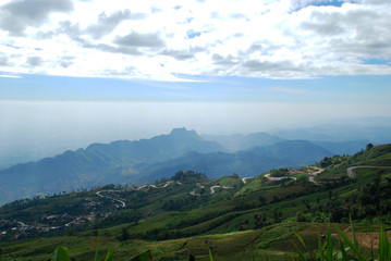 The road from the mountains with foggy cloud sky. Phu Thap Berk, Phetchabun, Thailand.