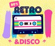 © SamsonFM - Retro party poster. Music of the nineties, vintage cassette tape and 90s style. invitation card dancing party time advertisement poster background illustration, Vector illustration in trendy 80-90s st
