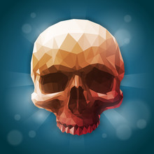 Polygonal Gradient Graphic Realistic Detailed Human Skull. On Blue Shiny Background. Low Poly Vector Icon.