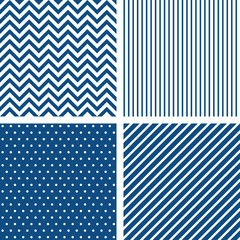 Wall Mural - set of vector seamless patterns in classic blue color. striped, chevron, polka dots backgrounds