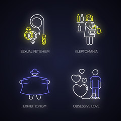 Canvas Print - Mental disorder neon light icons set. Sexual fetishism. Kleptomania. Exhibitionism. Obsessive love. Steal alcohol. Possessive relationship. Glowing signs. Vector isolated illustrations