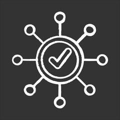 Sticker - Survey mark chalk icon. Correct answer. Right checkmark. Approve mark, agree tick. Chart spread. Yes sign. Molecular structure system. Scheme organization. Isolated vector chalkboard illustration