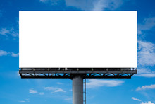 Mockup Large White Blank Billboard Or White Promotion Poster Displayed On The Outdoor Against The Blue Sky Background. Promotion Information For Marketing Announcements And Details