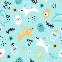 Cute Childish Easter Seamless Pattern With Hand Drawn Rabbits And Eggs, Creative Spring Design In Naive Art Doodle Style