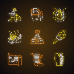 Sticker - Archeology neon light icons set. Excavation. Archeologist. Ancient artifacts. Caveman. Ruins. Filed survey. Flambeau. Treasure map, manuscript. Mummy. Glowing signs. Vector isolated illustrations