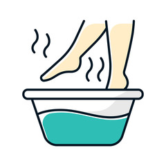 Sticker - Foot bath color icon. Leg in hot water. Spa treatment. Common cold treatment. Healthcare and skincare. Wellness. Flu infection, influenza virus aid. Sickness help. Isolated vector illustration