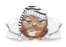 Sleepy Owl With Cup Of Coffee
