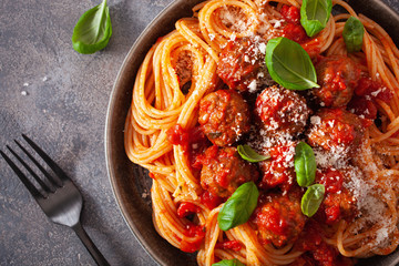 Wall Mural - spaghetti with meatballs and tomato sauce, italian pasta