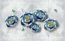 3d Illustration, Gray Grunge Background, Large Blue Roses And Small Green Butterflies