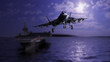 Russian jet flying away from aircraft carrier after take off 3d render