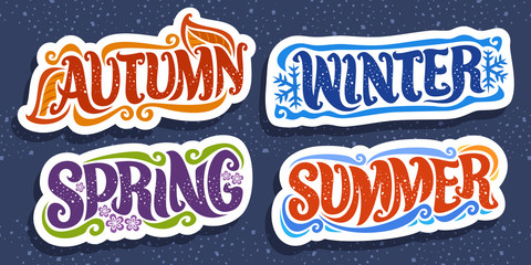 Wall Mural - Vector set for Four Seasons, 4 cut out decorative seasonal badges with words and confetti, summer with sea waves, winter with blue snow flakes, spring with lilac bloom, autumn season with orange leaf.