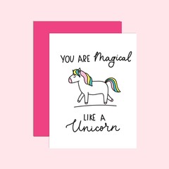 Wall Mural - You are magical like a unicorn card with lettering vector illustration. Cute template with pink, white frames and mythical animal with colorful mane and tale