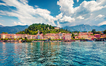 Splendid Summer View From Ferry Boat Of Bellagio Town. Colorful Morning Scene Of Como Lake, Italy, Europe. Traveling Concept Background..