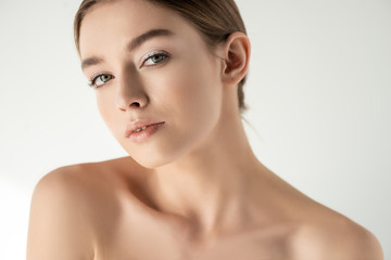 Wall Mural - attractive naked young woman posing isolated on white