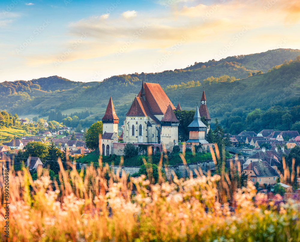 Gorgeous summer view of Fortified Church of Biertan, UNESCO World Heritage Sites since 1993. Captivating morning cityscape of Biertan town, Transylvania, Romania, Europe. - obrazy, fototapety, plakaty 