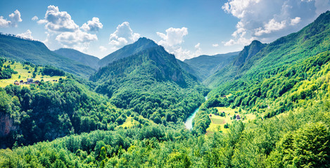 Sticker - Incredible view opens from the Djurdjevica bridge over the Tara river. Bright morning view of Montenegro, Europe. Beautiful world of Mediterranean countries. Traveling concept background.