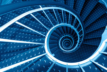 Spiral Staircase On Toning In Classic Blue Color, Creative Design Of 2020, Top View.