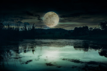 Wall Mural - landscape of dark night sky and beautiful bright full moon.