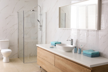 Poster - Modern mirror and vessel sink in stylish bathroom