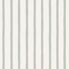 Parallel lines hand drawn vector seamless pattern. Vertical stripes geometrical simple texture. Pastel green stripy geo on light background. Abstract wallpaper, backdrop textile design