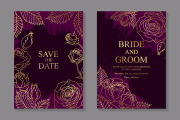 Set of floral luxury wedding invitation design or card templates for business or presentation or greeting with golden roses on a pink background.