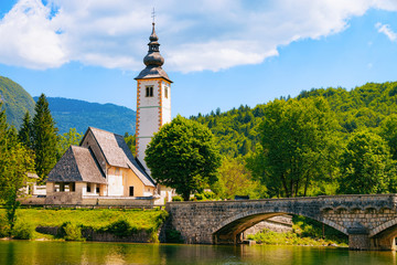 Canvas Print - Scenery of Church St John Baptist Bohinj Lake at Slovenia