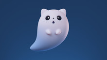 3d Illustration Cute Cartoon White Ghost Cat Floating In The Air On Blue Background. Concept Art Flying Kawaii Ghost Character With Open Mouth, Cat Ears And Big Black Eyes. Happy Halloween Holiday