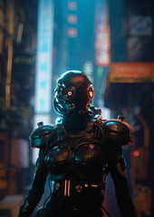 3d illustration of science fiction cyborg female in shiny black metal armor suit with helmet with re