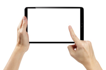Hands touching blank screen of black tablet computer, isolated on white background