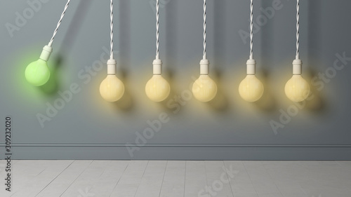 Fotomural light bulb as pendulum is hitting other lightbulbs like in a newton cradle