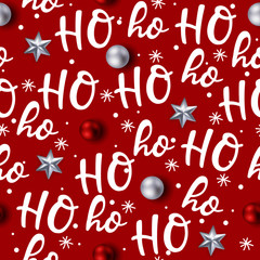 Wall Mural - Hohoho pattern, Santa Claus laugh. Seamless texture for Christmas design. Vector red background with handwritten words ho.