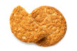 © Moving Moment - One and half crunchy oat and wholemeal biscuits isolated on white. Top view.