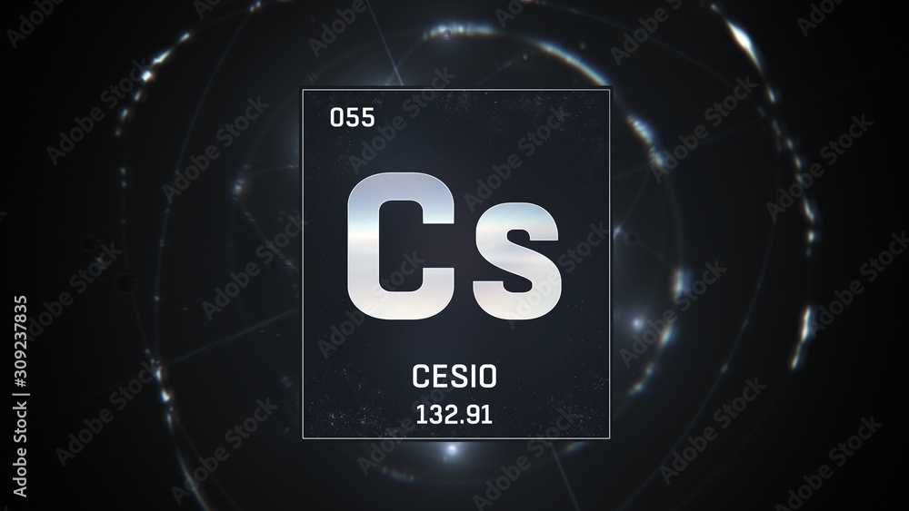 3D illustration of Cesium as Element 55 of the Periodic Table. Silver illuminated atom design background with orbiting electrons. Name, atomic weight, element number in Spanish language