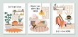 Set of cozy cards with interiors and decorations vector illustration. Collection consists of templates with comfortable houses and lettering lets get cozy, theres no place like home, lets stay home
