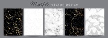 Set Of Marble Vector Design Luxury Backgrounds. Collection Consists Of Black, White, Gray Marmoreal Stone Texture Templates With Golden Lines For Wedding Invite, Greeting, Birthday Card And Covers