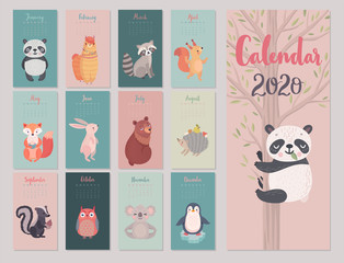 Fototapete - Calendar 2020 with Animals . Cute forest characters.