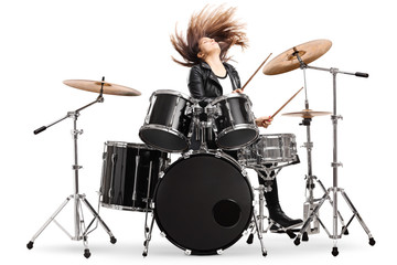 Sticker - Energetic female drummer throwing her hair and playing drums