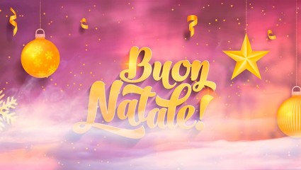 Wall Mural - Buon Natale - Merry Christmas in Italian language purple looped background with glitter gold Christmas decoration, magic fog, stars and calligraphy