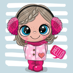 Wall Mural - cartoon girl in a coat and fur headphones