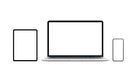 Wall Mural - laptop, phone and tablet isolated. modern devices with thin edges. isolated screen for mockup, app o