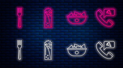 Poster - set line doner kebab, nachos in plate, fork and food ordering pizza. glowing neon icon on brick wall